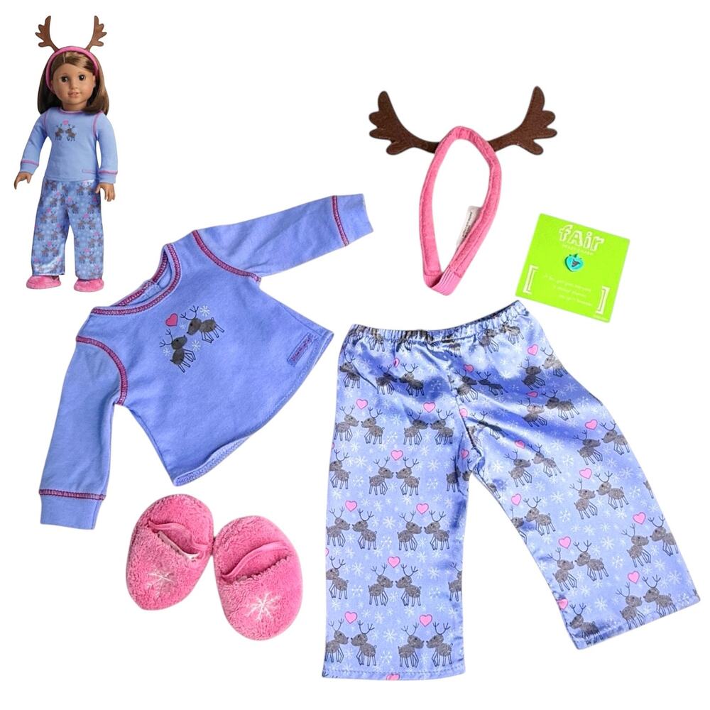 American Girl Reindeer Pajamas Pink Slippers Headband Charm Blue Top Satin Pants